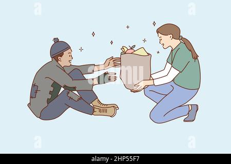 Volunteer woman give food donation pack to homeless person Stock Vector