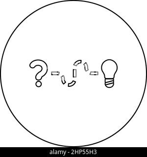 Concept of finding solution to the issue Question and path to the light bulb Searching for Innovation icon in circle round black color vector illustration solid outline style image Stock Vector