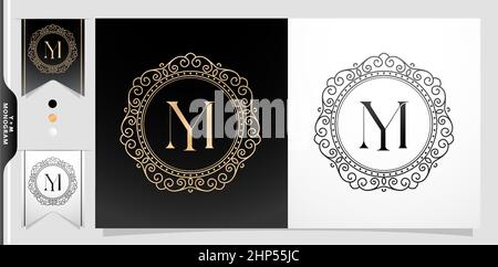 illustration of a labels and badges, Set of label initial YM or MY letter, Circle gold frame border with ornament pattern. applicable for letterpress, embroidery, invitation wedding monogram, and sign Stock Vector