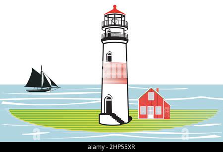 Lighthouse on an island and sailing ship illustration Stock Vector