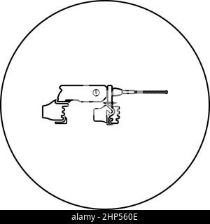 Electric rotary hammer drill in hand holding tool use Arm using Power tool icon in circle round black color vector illustration solid outline style image Stock Vector