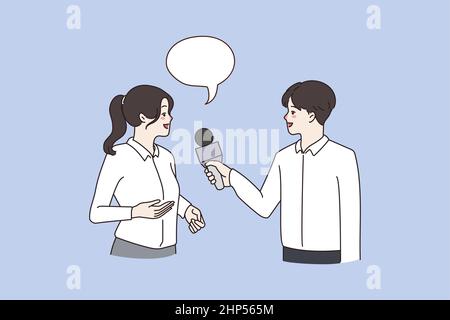 Man hold microphone speak interview smiling woman Stock Vector