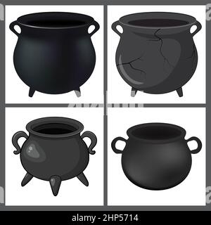 Cauldron iconset for halloween. Empty witches pot cartoon symbol. Vector illustration isolated on white background. Stock Vector