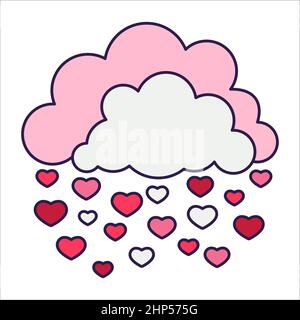 Retro Valentine Day icon clouds with hearts. Love symbol in the fashionable pop line art style. The cute cloud is in soft pink, red, and coral color. Stock Vector