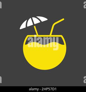 Coconut cocktail drink vector icon on dark background. Summer sign Stock Vector