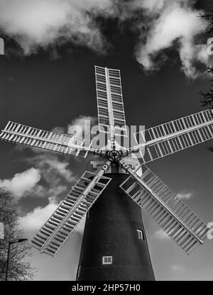 A 18th Century working windmill set in a residential street.  There are tree branches in the foreground and blue sky with cloud above. Stock Photo