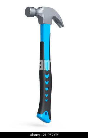 Black and blue hammer with a rubberized handle isolated on white background. 3d render and illustration of tool for repair and building Stock Photo