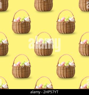 Easter seamless pattern of basket with colorful eggs on yellow background. Stock Photo