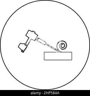 Wood hammer with chisel using treatment surface shavings use arm Woodworking tool Workshop planer icon in circle round black color vector illustration solid outline style image Stock Vector