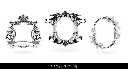 three set of frame and border. Ellipse, shield and oval model elements with monochrome color isolated background, applicable for letterpress, embroidery, invitation, greeting card, and sign label. Stock Vector
