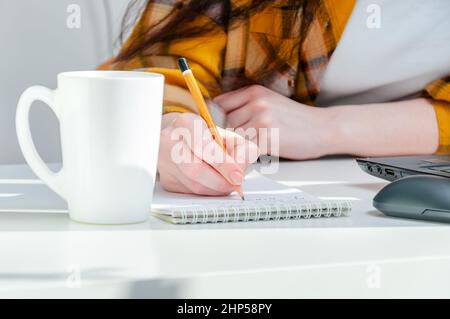 Close-up woman holding pencil in hand writing in notepad on workplace with coffee cup and laptop. Woman working at home Stock Photo