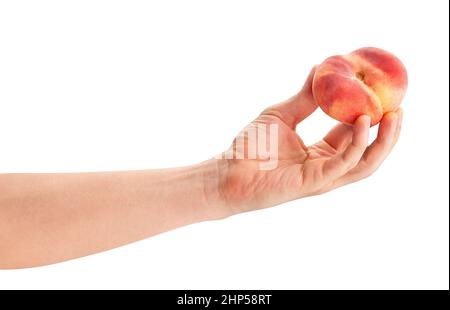 flat peach in hand path isolated on white Stock Photo