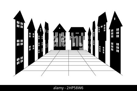 black and white silhouette of a group of apartment buildings, perspective view illustration Stock Photo