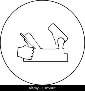 Jointer jack plane in hand holding tool use Arm using instrument with wood icon in circle round black color vector illustration solid outline style image Stock Vector