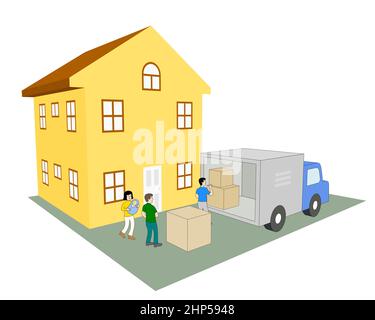 young family moving into a new house, workers unloading boxes from delivery truck. family relocation concept Stock Photo