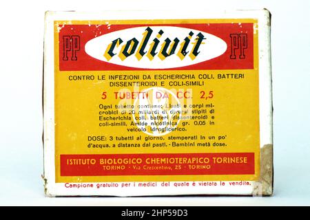 Vintage 1940s COLIVIT with Escherichia coli lysates for the treatment of dysentery. ABC Farmaceutici, Biological Chemotherapy Institute - Turin Italy Stock Photo