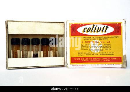 Vintage 1940s COLIVIT with Escherichia coli lysates for the treatment of dysentery. ABC Farmaceutici, Biological Chemotherapy Institute - Turin Italy Stock Photo