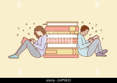 People sit near books pile reading on weekend Stock Vector