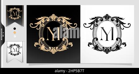 heraldic coat of arms YM or MY initial letter. graphic name Frames and Border of floral designs, applicable for Monogram, insignia, wedding couple name, badge label premium design. Stock Vector