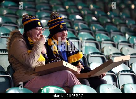 Worcester Warriors fans in the stands before the Gallagher Premiership match at Sixways Stadium, Worcester. Picture date: Friday February 18, 2022. Stock Photo