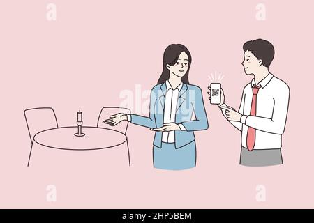 Waitress look at restaurant client QR vaccination code Stock Vector