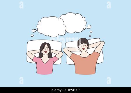 Happy couple relaxing in bed dreaming together Stock Vector