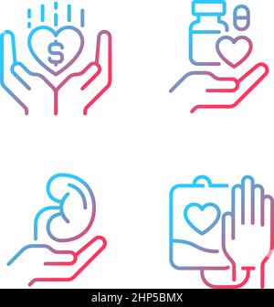 Donation to healthcare organizations gradient linear vector icons set Stock Vector