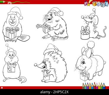 set of comic animals with Christmas gifts coloring book page Stock Vector