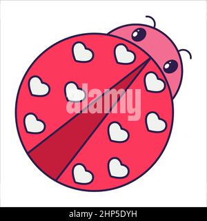 Kawaii Valentine Day icon ladybug. Love symbol in the fashionable pop line art style. The cute ladybug with hearts is in soft pink, red, and coral col Stock Vector