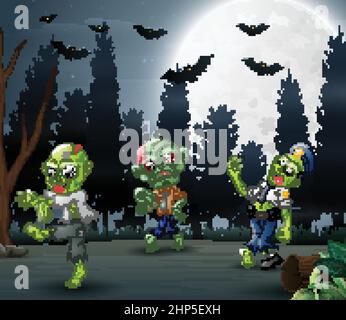 Cartoon of three zombies in the forest background Stock Vector