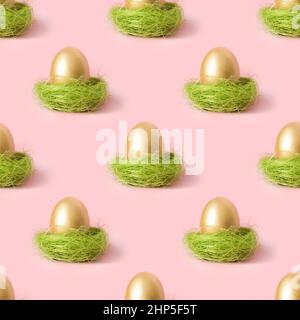 Easter seamless pattern of golden chicken eggs in green nest on pink background. Stock Photo
