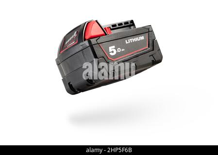 Batteries for cordless tools. Screwdriver battery. Batteries with charge indicator isolated on white background with shadow Stock Photo