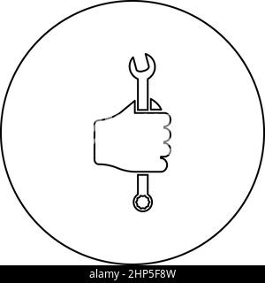 Wrench hexagon in hand tool in use Arm Spanner Mechanic engineer instrument icon in circle round black color vector illustration solid outline style image Stock Vector
