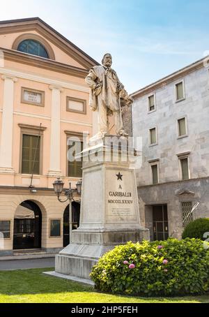Lecco, Lombardy, Italy - July 28, 2015: Monument to Giuseppe Garibaldi in front of the Theater of society in Lecco city. Stock Photo