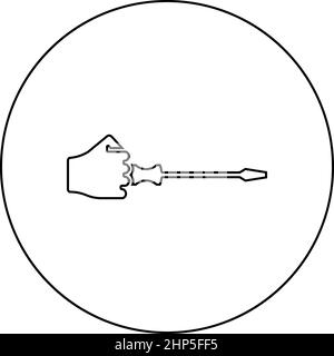 Screw driver in hand tool in use Arm with screwdriver for unscrewing icon in circle round black color vector illustration solid outline style image Stock Vector