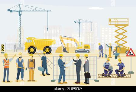 Construction site with excavator, handyman and architect illustration Stock Vector