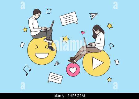People use laptops communicate online on social media Stock Vector