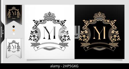 illustration of a crown, YM or MY initial letter with crown and ornament illustration, graphic name Frames and Border of floral designs, applicable for Monogram, for insignia, wedding couple name Stock Vector