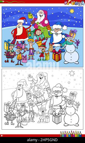 cartoon Christmas characters group coloring book page Stock Vector