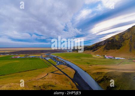 the Fimmvorduhals Trailhead to the canyon at Skogafoss waterfall on Iceland Stock Photo