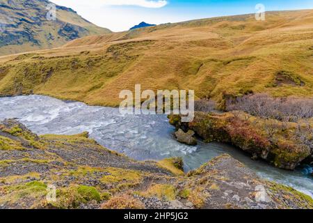 the Fimmvorduhals Trailhead to the canyon at Skogafoss waterfall on Iceland Stock Photo