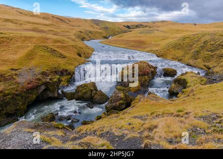 the Fimmvorduhals Trailhead to the canyon at Skogafoss waterfall on Iceland Stock Photo