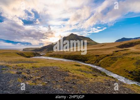 the Fimmvorduhals Trailhead to the canyon at Skogafoss waterfall on Iceland Stock Photo