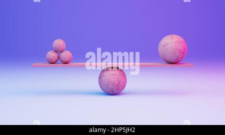 Harmony and Balance Concept. Balancing Multiple Small Wooden Balls Against One Big Ball. 3D Render. Stock Photo