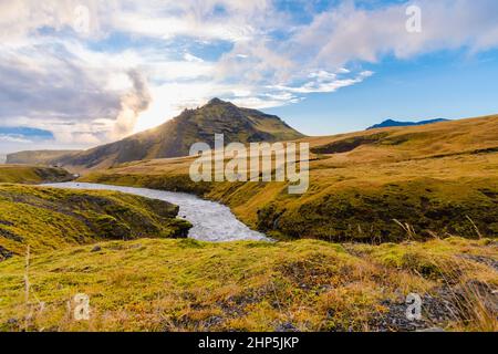 the Fimmvorduhals Trailhead to the canyon at Skogafoss waterfall on Iceland Stock Photo