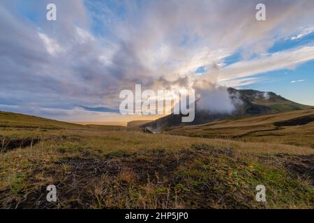 the Fimmvorduhals Trailhead to the canyon at Skogafoss waterfall on Iceland Stock Photo