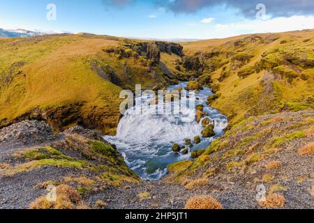 the Fimmvorduhals Trailhead to the canyon at Skogafoss waterfall on Iceland Stock Photo