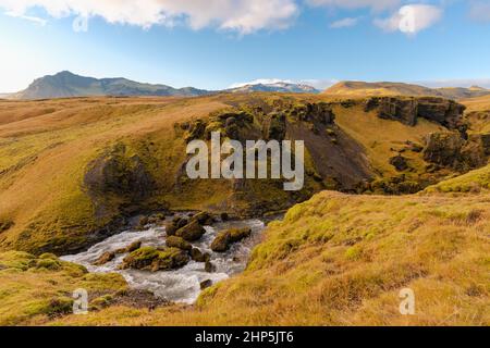 the Fimmvorduhals Trailhead to the canyon at Skogafoss waterfall on Iceland Stock Photo