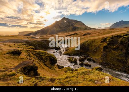 the Fimmvorduhals Trailhead to the canyon at Skogafoss waterfall on Iceland Stock Photo