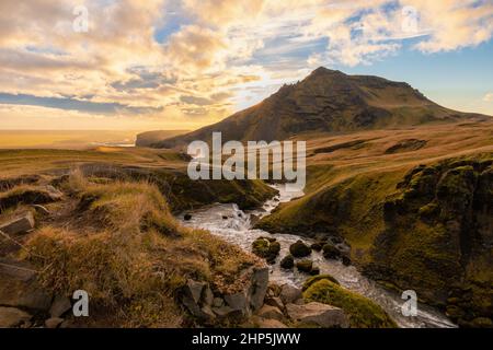 the Fimmvorduhals Trailhead to the canyon at Skogafoss waterfall on Iceland Stock Photo